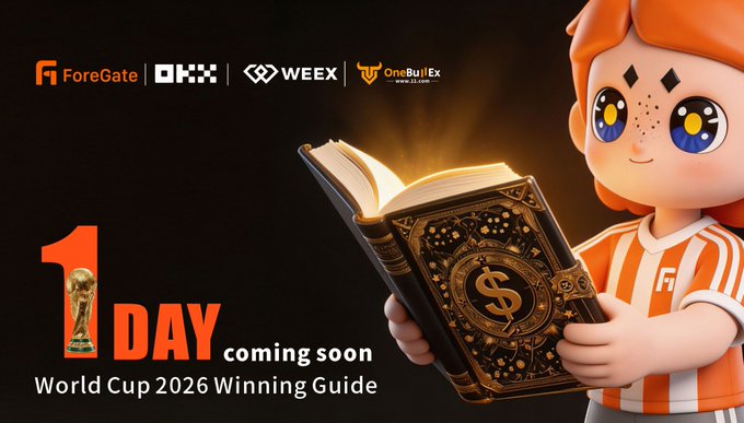 A promotional countdown graphic featuring "1 DAY coming soon World Cup 2026 Winning Guide" alongside ForeGate, OKX, WEEX, and OneBullEx logos, with an animated orange-haired mascot holding a glowing book embossed with a dollar sign—building anticipation for the next day's data-driven World Cup 2026 preview livestream featuring Michael Owen.