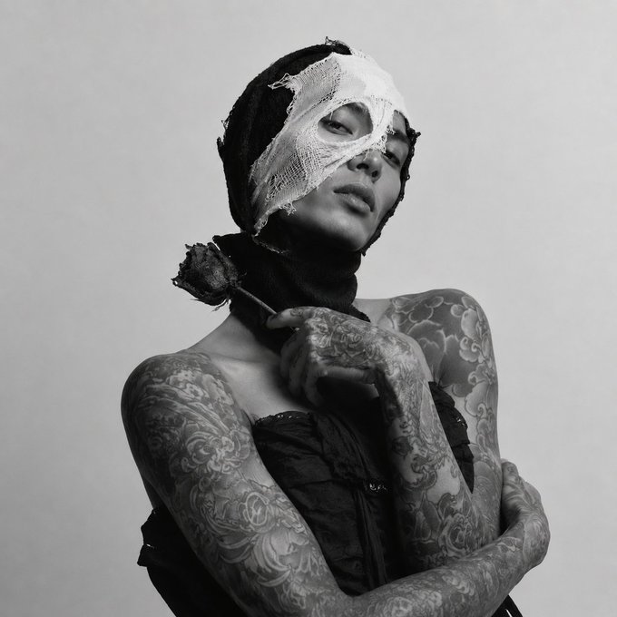 Black-and-white fashion photograph of a tattooed woman with a rose in her mouth, wearing torn black fabric and a black hood wrapped with white gauze bandages over her face.