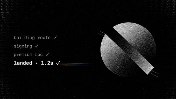 A grainy dark sphere is cut by a diagonal beam, beside text reading "building route ✓, signing ✓, premium rpc ✓, landed • 1.2s ✓," visualizing the four-stage swap execution pipeline (route → signing → premium RPC → landing) highlighted in the post.
