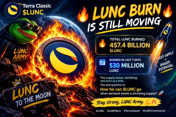 A promotional graphic for Terra Classic ($LUNC) cryptocurrency, featuring a Pepe the Frog character wearing sunglasses, stating "LUNC BURN IS STILL MOVING" with statistics showing 457.4 billion total LUNC burned.