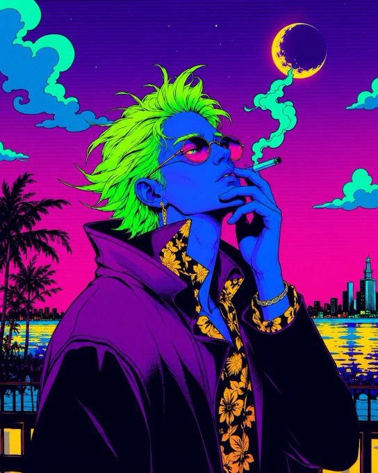 Vibrant vaporwave-style illustration of a person with blue skin, neon green hair, and pink sunglasses smoking a cigarette against a magenta sky with palm trees, a crescent moon, and a city skyline.