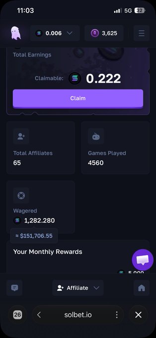 A mobile screenshot of the solbet.io gambling dashboard displaying a claimable balance of 0.222, along with stats including 65 total affiliates, 4560 games played, and wagers totaling $1,282,280 (~$151,706.55).