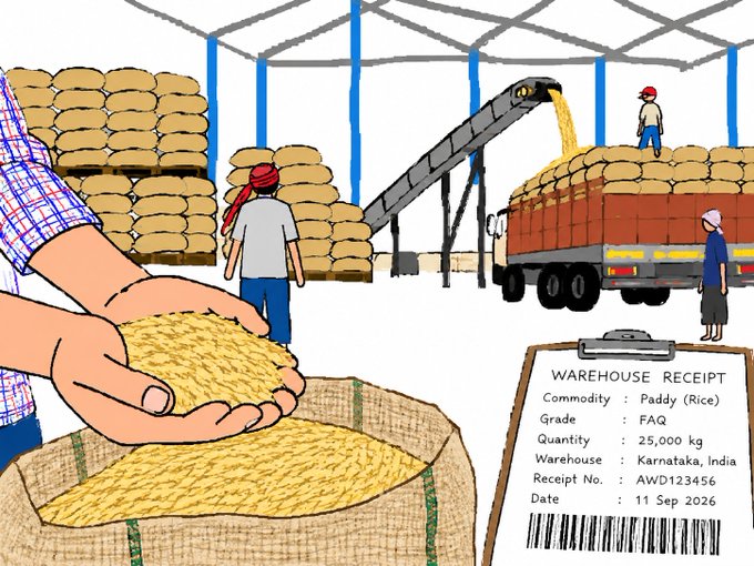 An illustration of a warehouse scene with workers handling sacks of paddy rice, accompanied by a warehouse receipt for 25,000 kg of FAQ Paddy (Rice) from Karnataka, India, dated 11 Sep 2026.