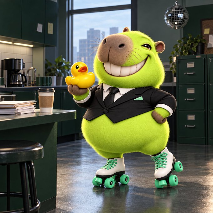An AI-generated image shows a green capybara wearing a black suit, white roller skates, and holding a yellow rubber duck in an office setting.