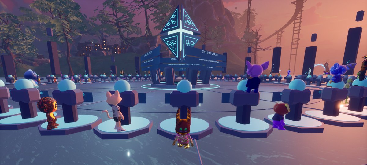 An animated virtual environment shows various cartoon character avatars standing on circular platforms around a glowing geometric monument in a mystical landscape with a sunset sky.
