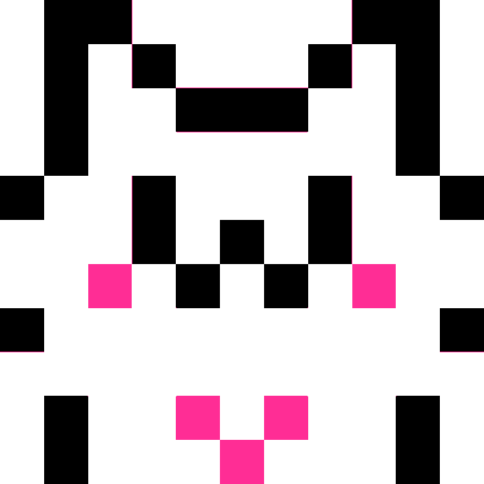 A pixel art sprite or icon featuring a stylized face/character design in black, white, and pink colors.