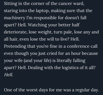 A short caption: A plain dark-background image containing a personal, heart-wrenching testimonial about caring for a spouse in a cancer ward, describing the emotional toll of work obligations while a loved one deteriorates.
