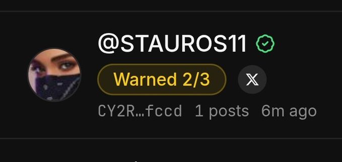 A social media profile card for '@STAUROS11' showing a 'Warned 2/3' status, a masked avatar, and the handle 'CY2R...fccd'.