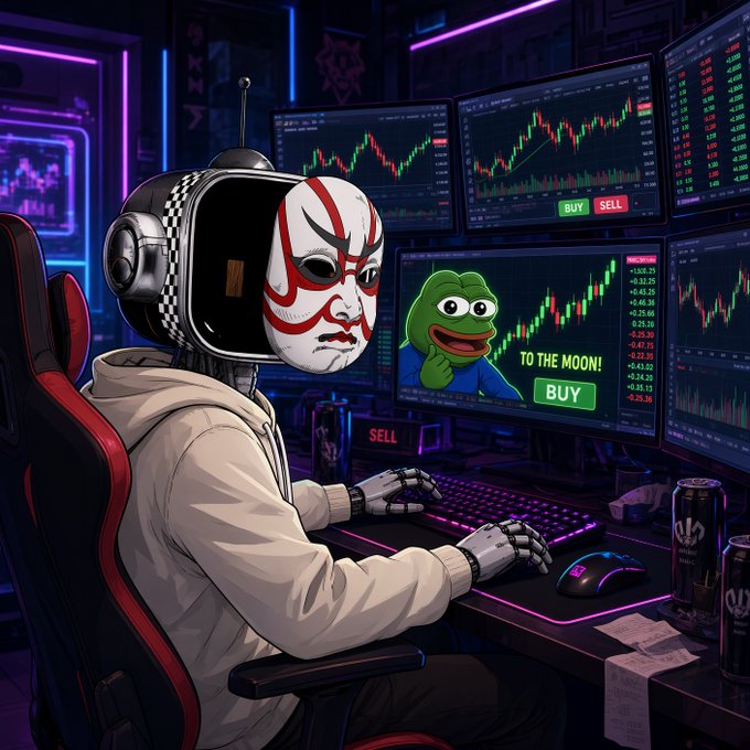A masked figure sits at a neon-lit trading rig with multiple monitors showing candlestick charts and a Pepe the Frog meme declaring "TO THE MOON! BUY," alongside scattered "BUY" and "SELL" buttons—visualizing the post's point that Web3 remains a high-stakes casino where meme-driven speculation, not utility, keeps traders glued to the charts.
