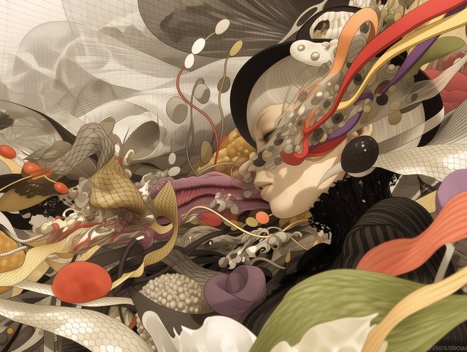 A complex digital artwork features a woman's profile surrounded by an array of abstract, colorful, and textured shapes, ribbons, and spheres.