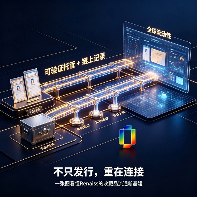 A Chinese-language promotional infographic for Renaissa featuring illustrations of cards, a safe, blockchain connections, and global liquidity displays, with the tagline '不只发行，重在连接' (Not just issuing, but connecting) and subtitle '一张图看懂Renaissa的收藏品流通新基建'.