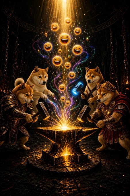 A fantastical illustration of armored Shiba Inu dog warriors forging golden hammer and sickle symbols and laughing emoji faces at a glowing anvil, with one dog wearing a golden crown.