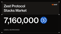 A digital dashboard showing 'Zest Protocol Stacks Market' with a USDG balance of 7,160,000 displayed on a dark background.