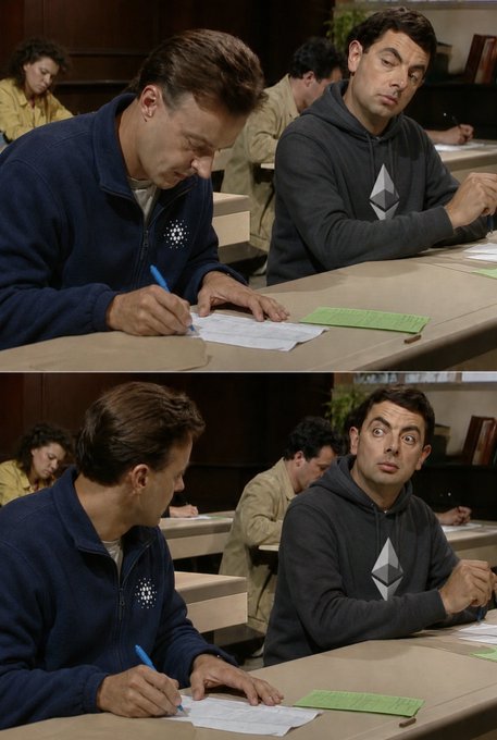 Two men sit at a long conference table filling out paperwork; the man on the left wears a navy sweater with an Ethereum-style logo, while the man on the right in an Ethereum-hoodie makes an exaggerated wide-eyed expression at his neighbor. The image humorously contrasts the two competing blockchain communities, fitting the post's "$ADA $ETH #Cardano #Ethereum" comparison of their respective roadmap announcements.