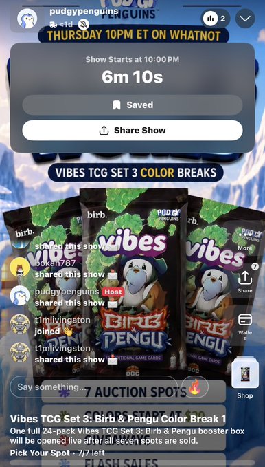 A Whatnot livestream screenshot titled 'VIBES TCG SET 3 COLOR BREAKS' scheduled for 'THURSDAY 10PM ET', showing a countdown timer at '6m 10s' and displaying images of Birb & Pengu trading card packs.