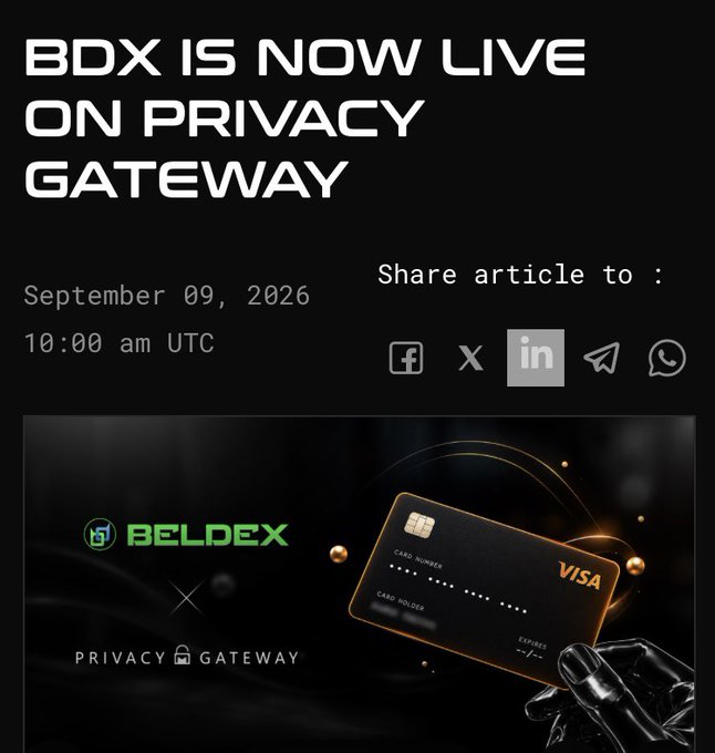 Announcement graphic reading “BDX IS NOW LIVE ON PRIVACY GATEWAY,” dated September 09, 2026 at 10:00 am UTC, with Beldex and Privacy Gateway branding and social-sharing icons.