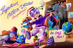 A colorful cartoon-style illustration advertising 'Hyperstore MERCH DESIGN!', featuring a jester character amidst various merchandise items like t-shirts and plushies, with text 'In Stock Now!'.