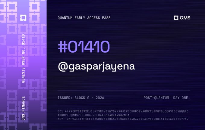 A digital 'Quantum Early Access Pass' from QMS Finance for Genesis User No. 01410, assigned to '@gasparjayena', issued Block 0, 2026.