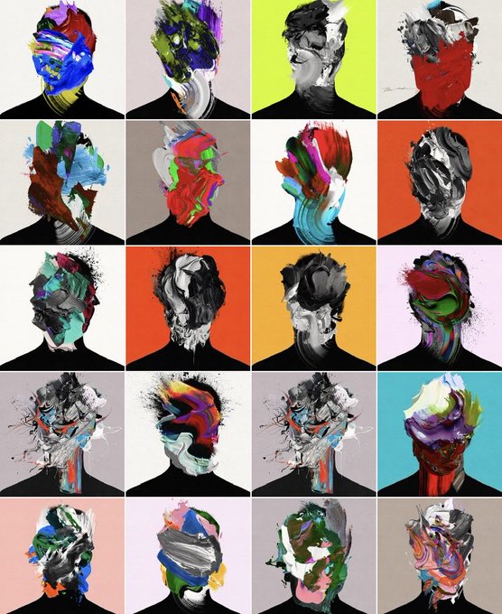 A grid of 20 abstract expressionist paintings featuring human figures with colorful, chaotic brushstrokes obscuring their faces against solid-colored backgrounds.