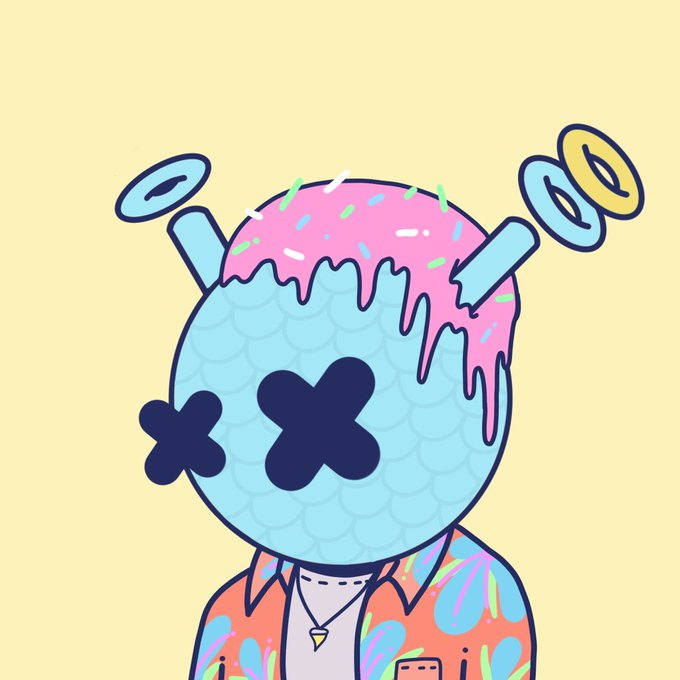 A stylized cartoon character with crossed-out eyes wears a pink-and-blue frosted head covering pierced by ring-shaped spikes, against a pale yellow background.