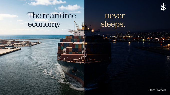 A split image of a large cargo ship—one half shown in daylight and the other in night—overlaid with the text "The maritime economy never sleeps." and a logo for "Ethra Protocol" in the corner. The visual reinforces the post's message that global shipping and trade continue around the clock, independent of financial market hours, highlighting Ethra Ship's role in connecting this constant real-world commerce to new opportunities.
