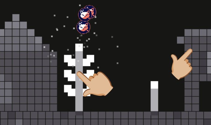 A digital illustration showing a pixelated video game scene with two cartoon hands pointing at falling blocks and small cat characters.