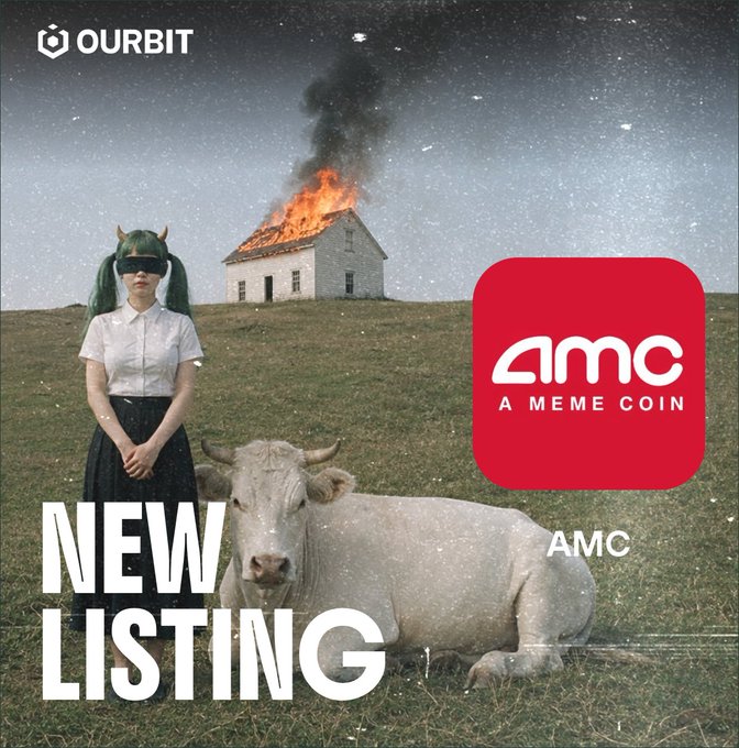 A promotional graphic for OurBit exchange announcing a new listing, featuring a surreal scene with a green-haired woman in goggles standing beside a white bull in a field, with a burning house in the background and the text "NEW LISTING" prominently displayed alongside the "AMC - A MEME COIN" logo. The image relates to the post by showcasing the meme coin listing with a chaotic, meme-style aesthetic that matches the playful tone of announcing $MEMEROBINHOOD trading availability on the exchange.
