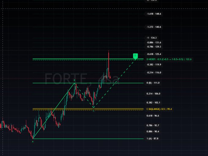 A dark-themed financial trading chart labeled 'FORTÉ' showing candlestick patterns, Fibonacci retracement levels, and a price target of 122.6, with Turkish annotations like 'HEDEF' and 'BAŞLANGIÇ'.
