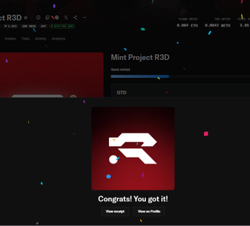A screenshot of a NFT minting website displays a "Congrats! You got it!" message confirming the user minted an item from the "Mint Project R3D" collection for 0TD, celebrating a 7x gain on the recent purchase.