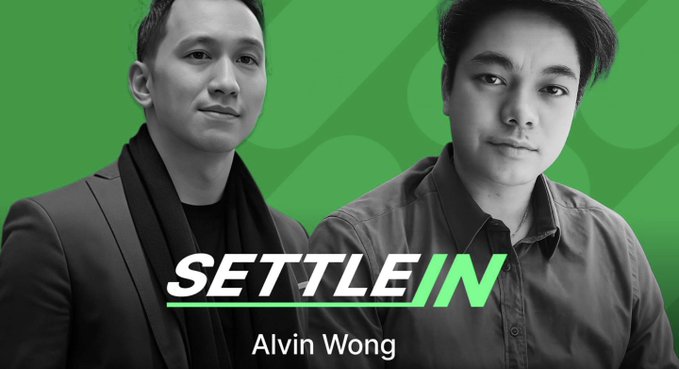 A black-and-white promotional image featuring two men against a green background, with the text "SETTLE IN" prominently displayed and "Alvin Wong" listed below. The graphic introduces the second episode of "Settle In," featuring Eric Cheung and Maya's Alvin Wong discussing how stablecoins can streamline the $40 billion in remittances sent to the Philippines annually.