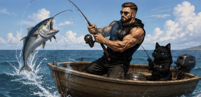 A fantasy illustration of a muscular bearded man and a black cat wearing sunglasses, both fishing from a small wooden boat, with a large tuna leaping out of the water beside them.