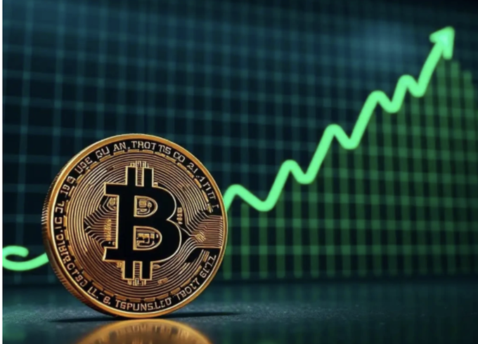 A physical Bitcoin coin is displayed in the foreground against a green upward trending line chart, symbolizing BTC's recent rebound from around $62,250 to approximately $64,100 despite negative news of a 449 BTC wallet compromise and Strategy's sale of 1,638 BTC.