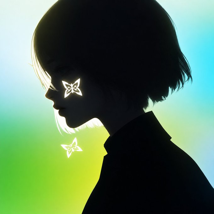 An anime-style silhouette of a person with short hair against a green and blue gradient background, featuring glowing white butterfly shapes near their eye and mouth.