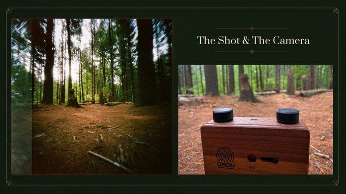 A promotional graphic titled 'The Shot & The Camera' showing two images of a forest scene, with one photo taken by a wooden ONDU pinhole camera visible in the right image.