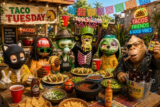 A vibrant Taco Tuesday scene featuring various cartoon characters (including a black cat, green goblin, skeleton, and pig) gathered around a table filled with tacos, salsa, and drinks, with signs reading 'TACO TUESDAY', 'TACOS', and 'TACOS FRIENDS & GOOD VIBES'.
