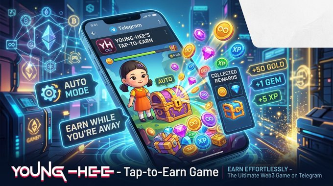 A promotional graphic for the Young-Hee Tap-to-Earn game on Telegram features a smartphone displaying a cartoon girl with a treasure chest alongside rewards like "+50 GOLD," "+1 GEM," and "+5 XP," with highlights of "AUTO MODE" and "EARN WHILE YOU'RE AWAY" that visually reinforce the post's message about effortless, automated crypto rewards. The design includes the hashtag "#KCG" and branding the game as "The Ultimate Web3 Game on Telegram."