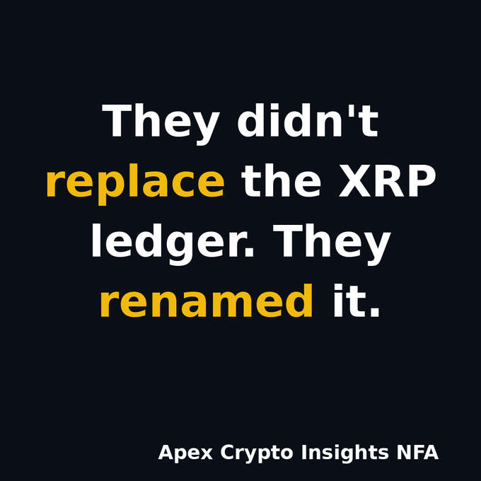 The image features a quote from an article about Ripple Ledger that says "They didn't replace the XPR Ledger. They renamed it." The text is written in yellow, which stands out against the black background of the image.