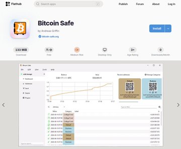 The image shows a Flathub listing page for "Bitcoin Safe" by Andreas Griffin, currently at 133 MB with no ratings, highlighting that the Bitcoin wallet application is now available for installation across all Ubuntu systems through the Flathub software center.