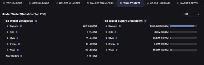 A dashboard showing 'Holder Wallet Statistics (Top 250)' with tabs including 'TOP HOLDERS,' 'CEX HOLDINGS,' and 'WALLET STATS,' displaying 'Top Wallet Categories' (Diamond, Gold, Silver, Bronze, Wood) and 'Top Wallet Supply Breakdown.'