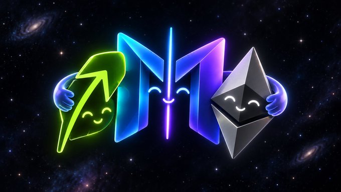 An illustration featuring a stylized 'M' logo flanked by a green arrow character and a grey Ethereum logo character, both with smiling faces, set against a starry space background.