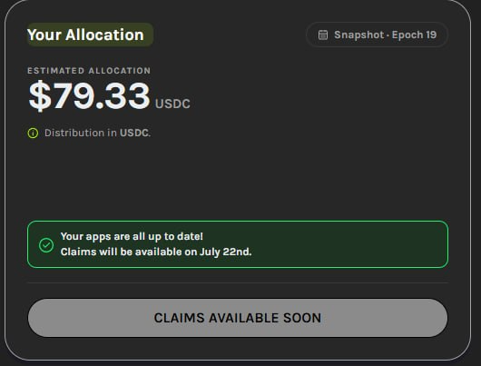 A dark-themed allocation screen displays an estimated $79.33 USDC distribution with a message stating 'Claims will be available on July 22nd.'