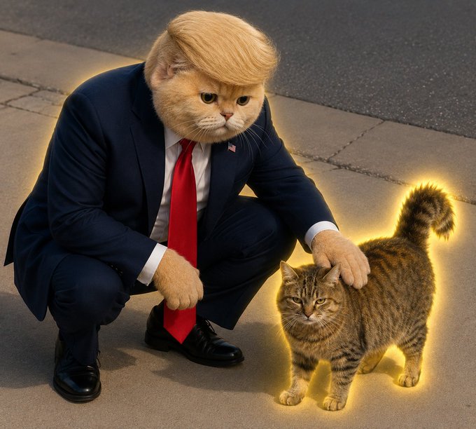 An AI-generated illustration depicting a figure with a cat's head styled like Donald Trump's hair, wearing a blue suit and red tie, kneeling to pet another tabby cat that glows yellow.