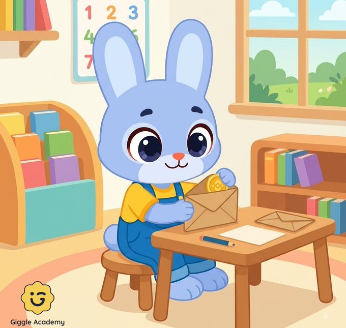 A cute cartoon blue bunny in overalls sits at a desk in a classroom, carefully placing a gold BNB coin into an envelope beside a pencil and paper. The "Giggle Academy" logo appears in the corner, visually tying the act of writing a letter filled with a BNB coin to the mission of funding education access.