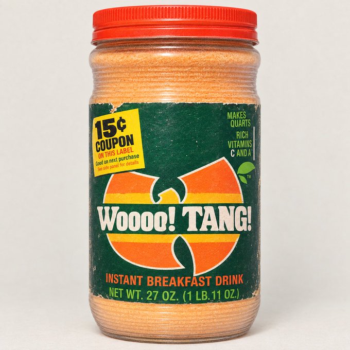 A vintage jar of 'Woooo! TANG!' Instant Breakfast Drink with a 15¢ coupon on the label, net weight 27 oz.