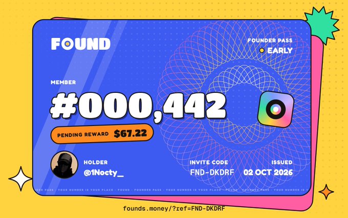 A digital 'FOUND' Founder Pass Early certificate displays member number #000,442 for @1Nocty_, with an issued date of 02 OCT 2026.