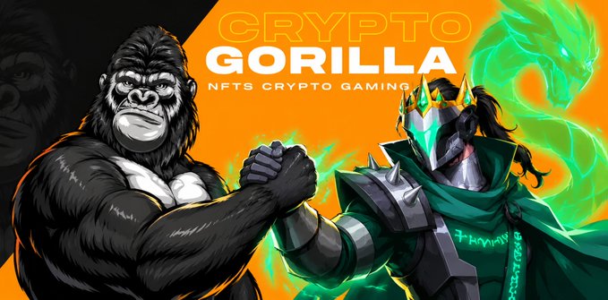 A promotional graphic for 'CRYPTO GORILLA NFTS CRYPTO GAMING' featuring an illustrated gorilla on the left and an armored warrior character with a glowing green sword on an orange background.