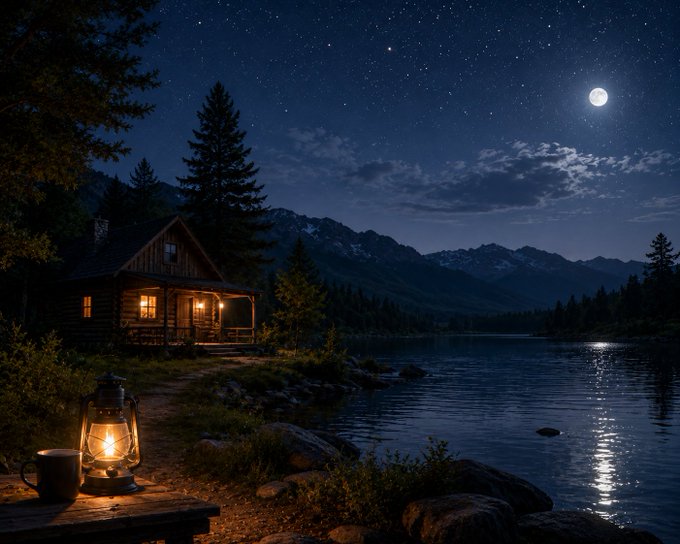 A cozy log cabin glows warmly under a starlit sky beside a calm lake, with a lantern and mug resting on a wooden table in the foreground, evoking a peaceful night watch over the crypto market's steady evening.