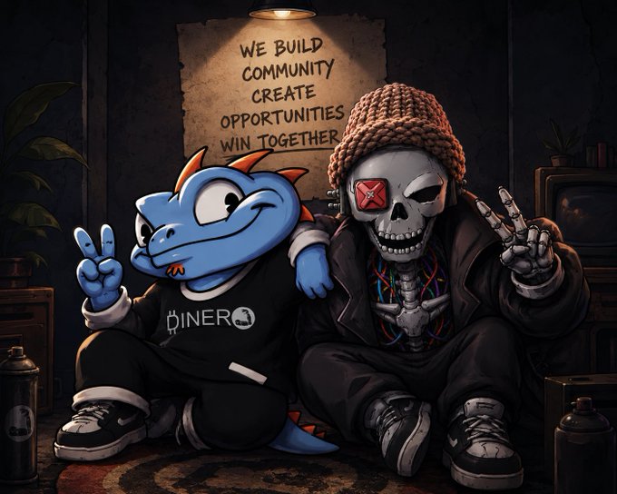 Two cartoon mascots—a blue dragon wearing a "DINERO" shirt and a skull with an X-eyed patch and knit beanie—both flash peace signs beneath a poster reading "WE BUILD COMMUNITY CREATE OPPORTUNITIES WIN TOGETHER." The image visually celebrates Dinero's secured allocation for the 2,222-supply RobinWifHat collection, with the duo posing together to symbolize the partnership and community support highlighted in the post.