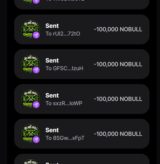 The image shows a crypto transaction history displaying multiple "Sent" transactions, each transferring -100,000 NOBULL tokens to different wallet addresses (rUI2...72tO, GFSC...IzuH, sxzR...loWP, 8SGw...xFpT). This relates to the post about a giveaway of $NOBULL tokens, showing the sender distributing 100,000 tokens to multiple recipients on the Solana ($SOL) network.
