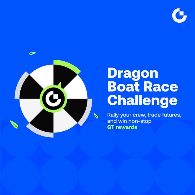 The image features a blue background with white text that displays an advertisement for a Dragon Boat Racing Challenge. It invites people to participate by rallying their crew, trading futures, and winning non-stop rewards, such as GT discounts. The text emphasizes that there is no entry fee and that friends should focus on trading volumes and winning the contest to be entered into the lucky draw.